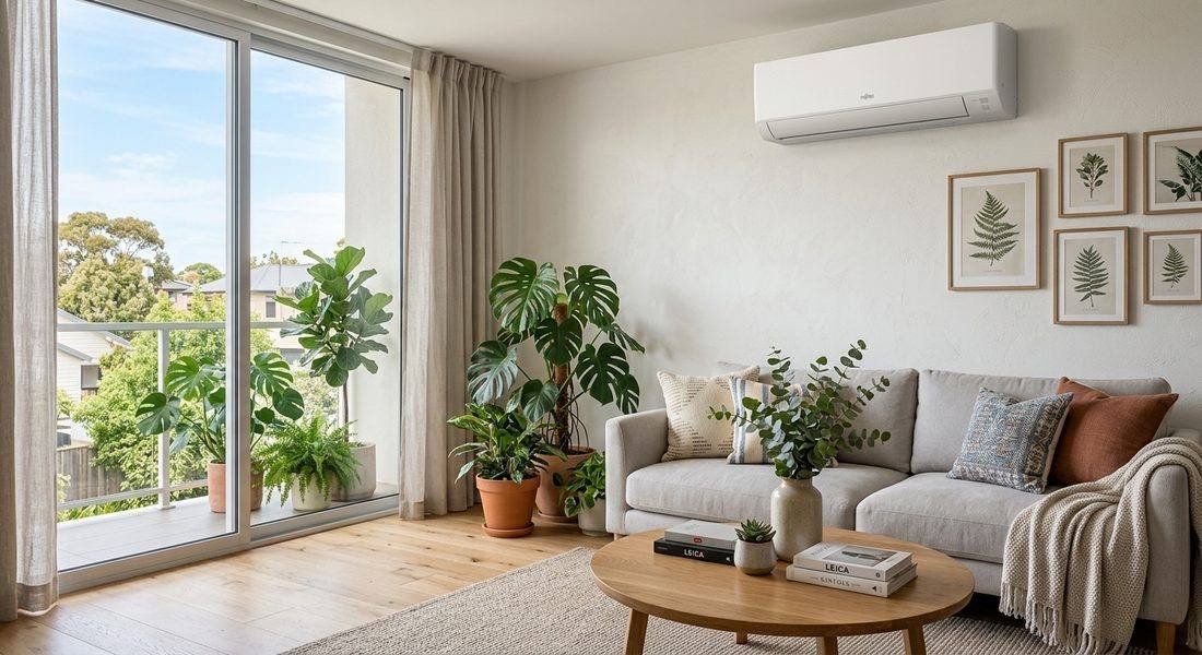 Sala de estar com ar-condicionado split limpo na parede