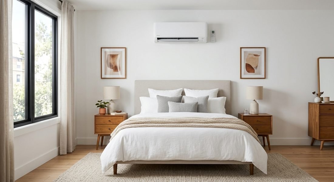 Quarto com ar-condicionado split higienizado acima da cama