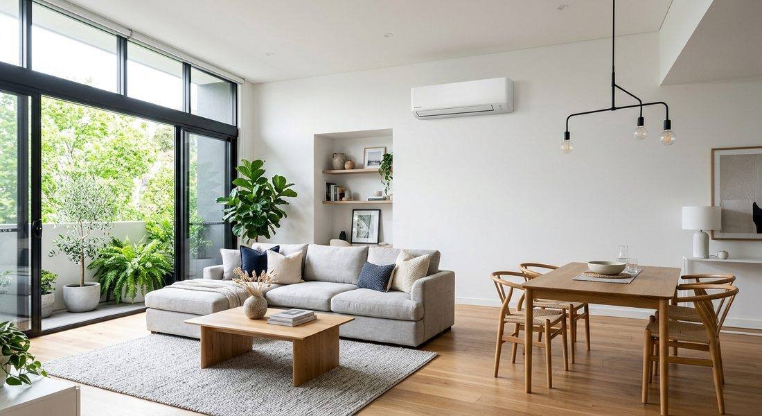 Sala de estar e jantar integrada com ar-condicionado split limpo