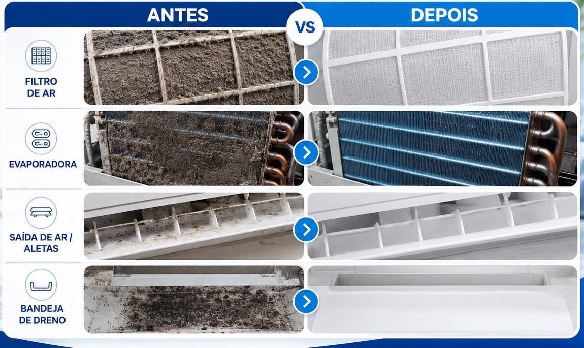 Antes e depois da limpeza de ar-condicionado HigiMafra: filtro, evaporadora, saída de ar e bandeja de dreno
