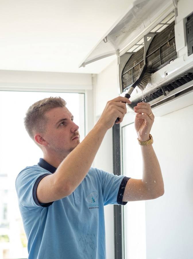 Técnico da HigiMafra higienizando um ar-condicionado split