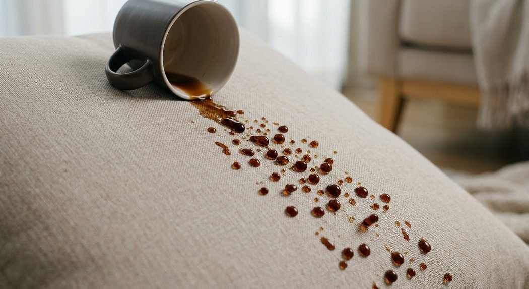 Café derramado escorrendo em gotas sem penetrar no tecido impermeabilizado