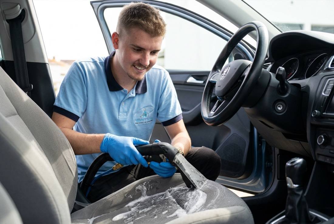 Técnico da HigiMafra higienizando o banco de um carro com extratora em Mafra