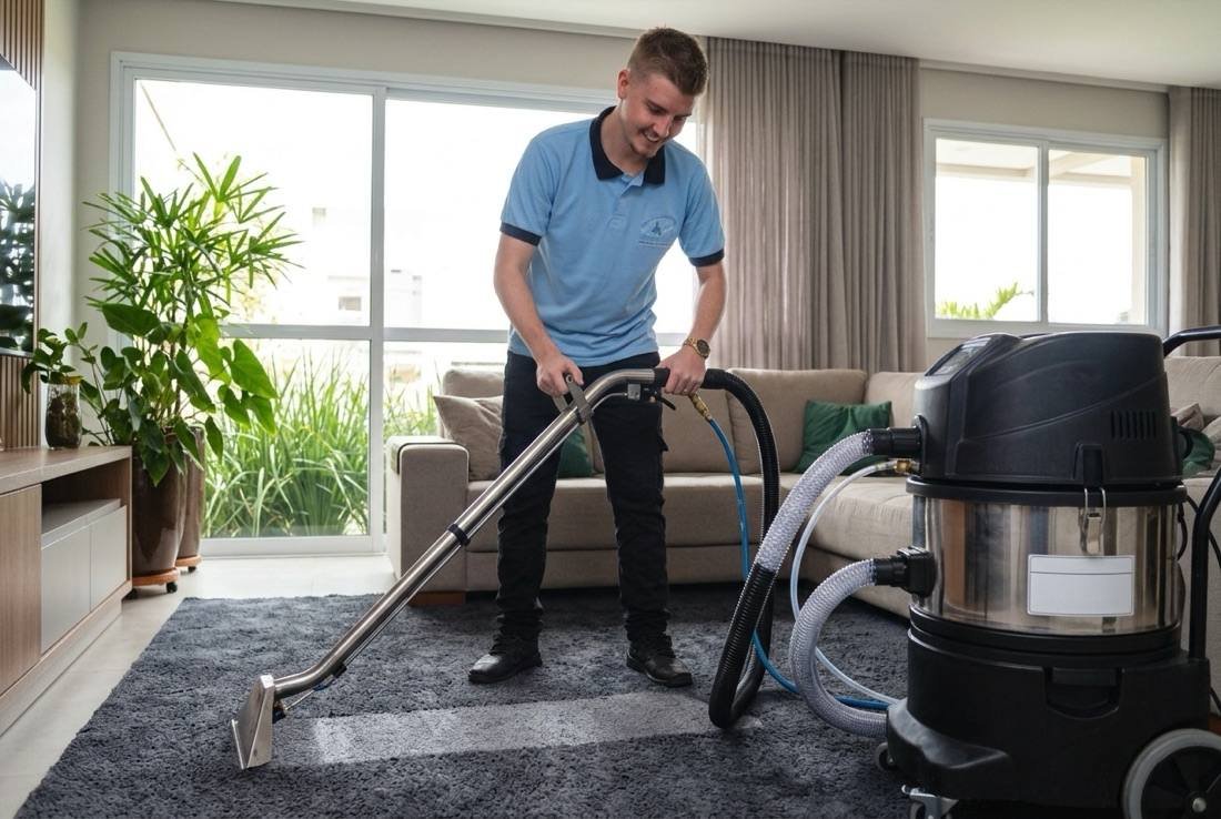 Técnico da HigiMafra lavando um tapete com extratora profissional em Mafra